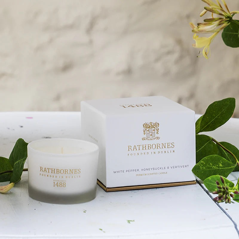 Rathbornes White pepper, honeysuckle and vertivert scented candle.