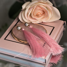 Load image into Gallery viewer, Marble effect earrings with long pink tassels.
