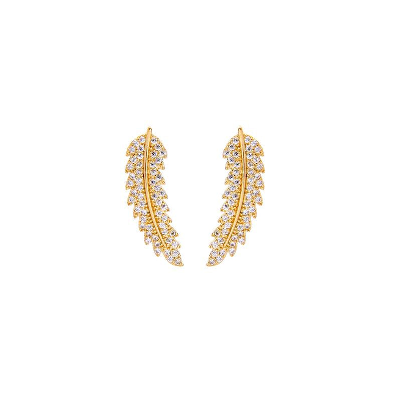 Cubic zirconia feather earrings in gold