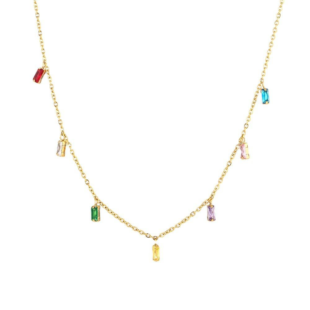 Rainbow charm drop gem necklace in gold
