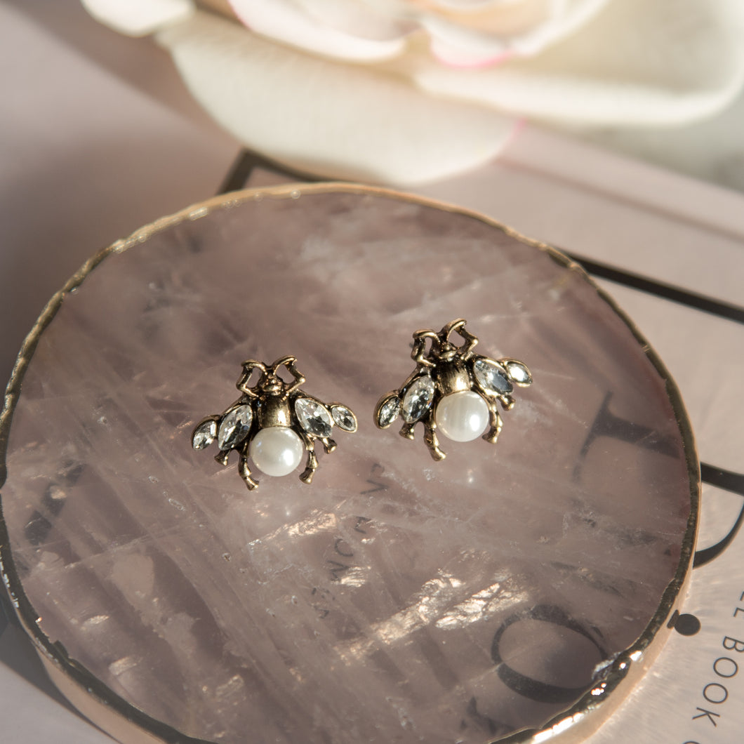 Small Bee Stud Earrings with Pearl