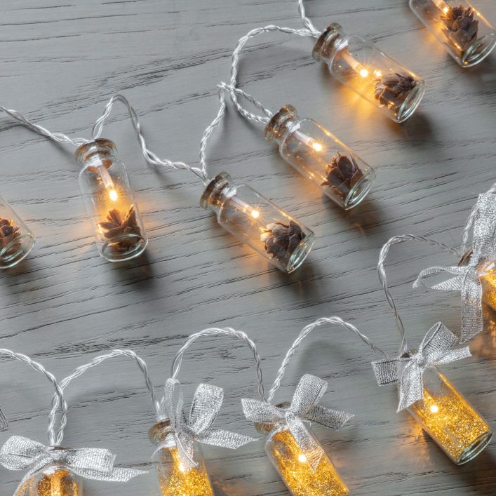 10 LED string lights with pine cones in jars